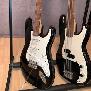 authentic fender squire electric guitar and bass